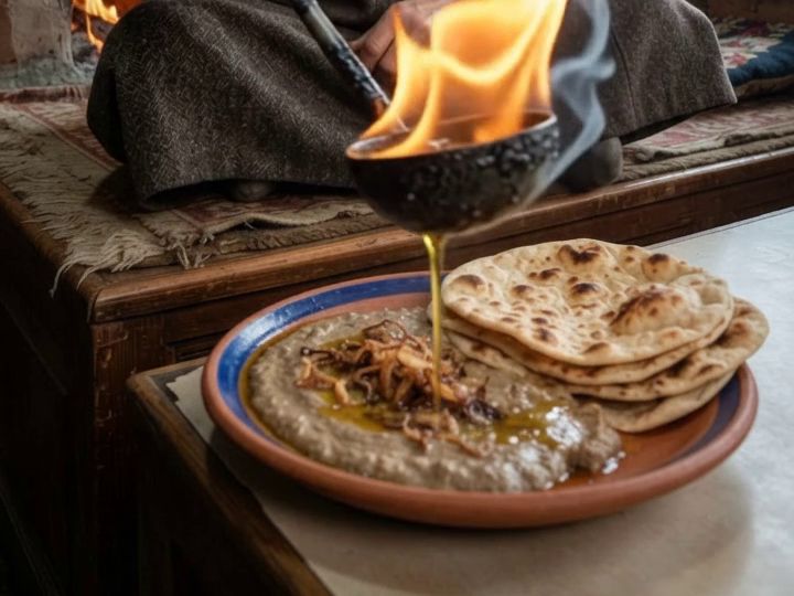 Hot oil pouring from an iron ladle onto a clay plate of harissa topped with crispy onions, beside a stack of fresh flatbread.